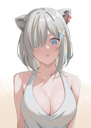 Rule 34 | 1girl, :o, absurdres, alternate costume, animal ears, arms at sides, bare shoulders, blue eyes, bob cut, breasts, cleavage, collarbone, dress, ear piercing, fang, fuchi (fuchi 1106), gradient background, hair over one eye, halter dress, halterneck, highres, hololive, large breasts, lion ears, lion girl, looking at viewer, medium hair, multicolored hair, open mouth, piercing, shishiro botan, silver dress, silver hair, simple background, skin fang, sleeveless, sleeveless dress, solo, streaked hair, upper body, virtual youtuber