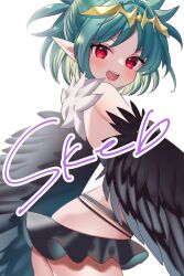 Rule 34 | 1girl, bare shoulders, black feathers, black wings, blush, commentary request, commission, feathered wings, feathers, from side, green hair, harpy, indie virtual youtuber, lincoro, looking at viewer, miniskirt, monster girl, open mouth, pointy ears, ramune (lamunepop), red eyes, short hair, simple background, skeb commission, skirt, solo, tiara, virtual youtuber, white background, winged arms, wings