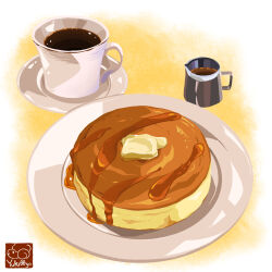 Rule 34 | butter, coffee, coffee cup, cup, disposable cup, food, food focus, highres, maple syrup, no humans, original, pancake, plate, still life, syrup, yuki00yo