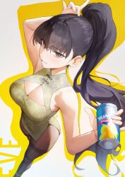Rule 34 | 1girl, absurdres, bare shoulders, black hair, black pantyhose, blunt bangs, breasts, brown eyes, can, china dress, chinese clothes, cleavage, dress, drink can, eve (stellar blade), highres, hymin, large breasts, long hair, official alternate costume, pantyhose, ponytail, side slit, soda, soda can, stellar blade, thighband pantyhose, thighs, very long hair