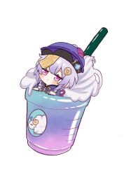Rule 34 | 1girl, bead necklace, beads, black nails, blush, capelet, closed mouth, coin hair ornament, crossed bangs, cup, disposable cup, drinking straw, expressionless, eyelashes, fingernails, genshin impact, hair between eyes, hair ornament, hands up, hat, hat tassel, highres, in container, in cup, jewelry, jitome, kogamo (user vajm2737), looking at viewer, mini person, minigirl, nail polish, necklace, ofuda, ofuda on head, purple capelet, purple eyes, purple hair, purple hat, qingdai guanmao, qiqi (genshin impact), sheep, sidelocks, simple background, solo, tassel, vision (genshin impact), whipped cream, white background