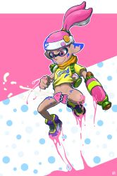 Rule 34 | 1boy, artist name, bottomless, cum, domino mask, grin, headband, highres, ink, inkling player character, las (las72), male focus, mask, military, military vehicle, motor vehicle, nintendo, pointy ears, polka dot, polka dot background, ponytail, shirt, shoes, smile, sneakers, solo, splatoon (series), super soaker, t-shirt, tagme, tank, tentacle hair, weapon