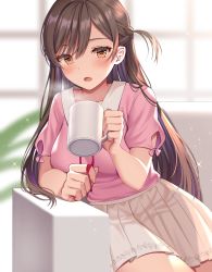 Rule 34 | 1girl, arm support, blurry, blurry background, blush, braid, brown eyes, brown hair, collarbone, collared shirt, commentary request, couch, cup, depth of field, hair between eyes, holding, holding cup, indoors, izumo neru, kanojo okarishimasu, long hair, looking at viewer, mizuhara chizuru, mug, on couch, open mouth, pink shirt, pleated skirt, puffy short sleeves, puffy sleeves, shirt, short sleeves, sitting, skirt, solo, very long hair, white skirt