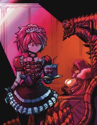 Rule 34 | 2girls, apron, armor, belt bra, breasts, collar, commentary request, crossed arms, dagger, demon, demon girl, dress, drinking straw, frilled dress, frills, fur trim, gun, handgun, highres, holstered, juliet sleeves, knife, large breasts, long sleeves, maid, maid apron, maid headdress, multiple girls, original, puffy sleeves, short hair, skull, stitches, throne, tray, visor, weapon, yamanushi