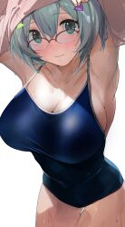 Rule 34 | 1girl, absurdres, aqua eyes, aqua hair, armpits, blue one-piece swimsuit, breasts, brown-framed eyewear, cleavage, commentary request, glasses, hair ornament, hairclip, highres, large breasts, looking at viewer, one-piece swimsuit, original, over-rim eyewear, pisuta (yamashiro), school swimsuit, semi-rimless eyewear, short hair, simple background, solo, swimsuit, undressing, wet, white background