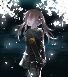 Rule 34 | 1girl, :d, armband, arms behind back, black jacket, black pantyhose, black skirt, brown hair, closed eyes, cowboy shot, floating hair, from behind, girls&#039; frontline, hair between eyes, hair ornament, hairclip, highres, jacket, long hair, looking back, miniskirt, open mouth, own hands together, pantyhose, pleated skirt, skirt, smile, solo, standing, twintails, ump9 (girls&#039; frontline), walluka