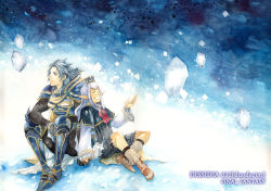 Rule 34 | 00s, 1boy, 1girl, armor, candle0213, closed eyes, copyright name, dissidia 012 final fantasy, dissidia final fantasy, final fantasy, final fantasy i, final fantasy xi, hetero, holding hands, long hair, no headwear, pointy ears, prishe, purple hair, silver hair, sitting, spoilers, warrior of light (ff1)