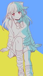 Rule 34 | 1girl, absurdres, blue background, blunt bangs, bow, bowtie, braid, commentary request, etra-chan wa mita!, etra (etra-chan wa mita!), highres, limited palette, loafers, long sleeves, looking at viewer, loose socks, monochrome, nyako (lhq3p), red eyes, school uniform, shirt, shoes, sitting, skirt, socks, solo, sweater vest, two-tone background, vest, virtual youtuber, yellow background