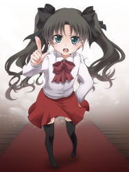 Rule 34 | 1girl, aged down, b-cat, black thighhighs, blue eyes, brown hair, child, fate/stay night, fate/zero, fate (series), hair ribbon, long hair, perspective, pointing, ribbon, solo, thighhighs, tohsaka rin, twintails, zettai ryouiki