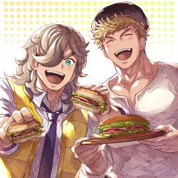 Rule 34 | 2boys, arven (pokemon), blonde hair, blue eyes, blush, burger, closed eyes, creatures (company), food, game freak, granblue fantasy, highres, holding, holding food, holding plate, large pectorals, male focus, multiple boys, muscular, muscular male, necktie, nintendo, open clothes, open mouth, open vest, pectorals, plate, pokemon, pokemon sv, shirt, short hair, smile, vane (granblue fantasy), vest, white shirt, yellow vest, zanki
