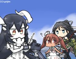 Rule 34 | 10s, 3girls, ?, abyssal ship, anchorage water oni, black hair, blue eyes, blue sky, blush, bow (weapon), brown eyes, brown hair, cellphone, cloud, colored skin, commentary, dark skin, dark-skinned female, dated, day, dress, flight deck, hair ribbon, hamu koutarou, horns, japanese clothes, kantai collection, katsuragi (kancolle), libeccio (kancolle), long hair, machinery, multiple girls, ocean, open mouth, paravane, phone, ponytail, ribbon, sailor dress, sky, smartphone, sparkle, sweat, translated, twintails, weapon, white dress, white skin