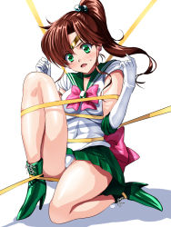 Rule 34 | &gt;:o, 1girl, :o, asymmetrical bangs, back bow, bare legs, bishoujo senshi sailor moon, boots, bow, breasts, brown hair, choker, circlet, commentary request, cross-laced footwear, earrings, elbow gloves, female focus, floating hair, flower earrings, full body, gloves, green choker, green eyes, green footwear, green sailor collar, green skirt, hair bobbles, hair ornament, hands up, highleg, highleg leotard, highres, jewelry, kino makoto, knee up, lace-up boots, legs, leotard, long hair, looking down, magical girl, medium breasts, neck, panties, pantyshot, pink bow, pleated skirt, ponytail, restrained, ribbon, sailor collar, sailor jupiter, sailor senshi, sailor senshi uniform, sen (sansui), shadow, shirt, simple background, skirt, solo, sweatdrop, underwear, white background, white gloves, white panties, white shirt
