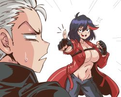 Rule 34 | 1boy, 1girl, ahoge, black hair, breasts, bursting breasts, confused, crossover, dante (devil may cry), devil may cry (series), devil may cry 5, emphasis lines, highres, jacket, kill la kill, large breasts, lewdamone, matoi ryuuko, multicolored hair, navel, no bra, pointing, shiny skin, sleeves rolled up, smile, vergil (devil may cry), white background, white hair