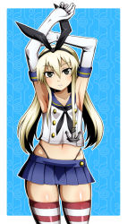 Rule 34 | 10s, 1girl, armpits, arms up, black eyes, blonde hair, cowboy shot, elbow gloves, gloves, highres, kantai collection, kurono, long hair, looking at viewer, midriff, pleated skirt, shimakaze (kancolle), skirt, solo, stretching, striped clothes, striped thighhighs, thighhighs, white gloves