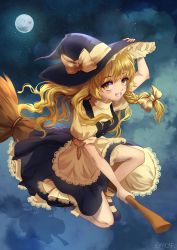 Rule 34 | 1girl, apron, blonde hair, boots, bow, braid, broom, broom riding, cloud, flying, full moon, grin, hand on headwear, hat, highres, kirisame marisa, long hair, looking at viewer, moon, night, night sky, puffy short sleeves, puffy sleeves, shianebulae, short sleeves, skirt, sky, smile, solo, star (sky), starry sky, touhou, waist apron, witch hat, yellow eyes