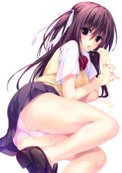 Rule 34 | 1girl, ass, bare legs, blush, body blush, brown hair, dripping, food, from behind, hair ribbon, loafers, long hair, looking at viewer, looking back, lying, melting, no socks, on side, open mouth, original, oryo (oryo04), panties, pantyshot, pink panties, popsicle, purple eyes, ribbon, school uniform, sexually suggestive, shoes, short sleeves, simple background, skirt, solo, sweat, sweater vest, tongue, underwear, upskirt, white background