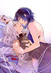 Rule 34 | 2girls, absurdres, backless outfit, blue hair, braid, chinese clothes, genshin impact, highres, imminent kiss, jewelry, long hair, low-braided long hair, low-tied long hair, lying, multiple girls, necklace, on back, ratana satis, shenhe (genshin impact), short hair, string, string of fate, white background, white hair, yelan (genshin impact), yuri