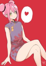 Rule 34 | 1girl, artist name, bare legs, blush, breasts, china dress, chinese clothes, commentary, crossed legs, double bun, dress, english commentary, female focus, green eyes, hair between eyes, hair bun, heart, highres, light smile, looking at viewer, melissa renata, norman maggot, original, petite, pink hair, purple dress, red background, short dress, short hair with long locks, short sleeves, simple background, sitting, small breasts, solo, spoken heart