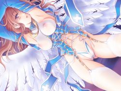 Rule 34 | 1girl, alice no yakata 7, angel wings, blush, breasts, brown hair, corset, covered erect nipples, elbow gloves, feathers, garter straps, gloves, kuroda akimi, large breasts, legs, long hair, midriff, panties, purple eyes, see-through, solo, strap, suspenders, thighhighs, thighs, underwear, white thighhighs, wings, wings of rean