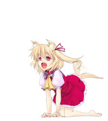 Rule 34 | 1girl, all fours, animal ears, bad id, bad pixiv id, barefoot, blonde hair, collar, dog ears, dog tail, embodiment of scarlet devil, fang, female focus, flandre scarlet, full body, hair ribbon, kemonomimi mode, kurokuro, no headwear, open mouth, pet play, ponytail, red eyes, ribbon, short hair, side ponytail, simple background, solo, tail, tail wagging, touhou