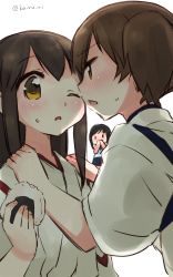 Rule 34 | 10s, 3girls, akagi (kancolle), artist name, bad id, bad pixiv id, black hair, blush, brown eyes, brown hair, covering own mouth, eating, food, food on face, fubuki (kancolle), hands on shoulders, highres, japanese clothes, kaga (kancolle), kantai collection, koruri, multiple girls, one eye closed, onigiri, open mouth, personification, ponytail, rice, rice on face, side ponytail, sweatdrop, twitter username, wink, yellow eyes