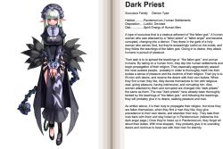 Rule 34 | 1girl, asymmetrical legwear, black dress, blush, breasts, chain, character profile, cleavage, cleavage cutout, clothing cutout, cuffs, dark priest, dress, elf, english text, feathers, hard-translated, hat, kenkou cross, loincloth, long hair, monster girl, monster girl encyclopedia, pointy ears, purple eyes, shackles, sidelocks, silver hair, smile, solo, tail, third-party edit, translated, uneven legwear, v arms