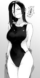 Rule 34 | 1girl, black hair, breasts, closed eyes, competition swimsuit, demi-chan wa kataritai, embarrassed, highres, large breasts, long hair, monochrome, one-piece swimsuit, petosu (sunoco), satou sakie, school swimsuit, swimsuit, wavy mouth