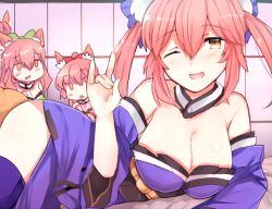 Rule 34 | 10s, 3girls, \m/, animal ears, bad id, bad pixiv id, blue legwear, breasts, cleavage, detached sleeves, fang, fate/extra, fate/grand order, fate (series), fox ears, fox tail, hair ribbon, japanese clothes, jirou (tamaho39), large breasts, multiple girls, multiple persona, open mouth, pink hair, ribbon, tail, tamamo (fate), tamamo cat (fate), tamamo cat (first ascension) (fate), tamamo no mae (fate/extra), yellow eyes