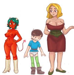 Rule 34 | 1boy, 2girls, blonde hair, boots, breasts, brown hair, cleavage, cleft of venus, colo (nagrolaz), colored skin, demon girl, green hair, height difference, helvetica (succubus game), highres, horns, huge breasts, large breasts, multiple girls, naked shoes, navel, nipples, nude, nude boots, nude shoes, off shoulder, pussy, red skin, short hair, simple background, standing, succubus game, tagme, tail, uncensored, white background