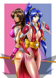 Rule 34 | 2girls, arm support, armor, ass, behind another, blue eyes, blue hair, bow, bracelet, breasts, bridal gauntlets, brown eyes, brown hair, choujin gakuen gowcaizer, circlet, cleavage, collar, covered erect nipples, dark-skinned female, dark skin, earrings, elbow gloves, fang, fingerless gloves, gloves, hair between eyes, hair ornament, highleg, highleg leotard, hishizaki shaia (gowcaizer), holding, holding weapon, jewelry, large breasts, leotard, lips, lipstick, loincloth, long hair, looking at viewer, magical girl, makeup, multiple girls, panties, pantyhose, penzoom, ponytail, revealing clothes, shoulder armor, shoulder pads, sideboob, smile, son karin, standing, tan, technos, tiara, underwear, weapon, yellow bow