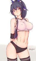 Rule 34 | 1girl, arms behind back, bare shoulders, black hair, black thighhighs, bluefield, blush, breasts, collarbone, covered erect nipples, gluteal fold, hair ornament, highres, honda futayo, kyoukaisenjou no horizon, large breasts, long hair, midriff, navel, ponytail, purple eyes, shirt, sleeveless, sleeveless shirt, solo, standing, sweat, thighhighs, twitter username
