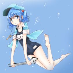 Rule 34 | 1girl, barefoot, blue eyes, blue hair, bubble, commentary request, fuente, jewelry, kawashiro nitori, key, looking at viewer, matching hair/eyes, necklace, one-hour drawing challenge, one-piece swimsuit, school swimsuit, solo, swimsuit, text focus, touhou, translation request, two side up, underwater, wrench