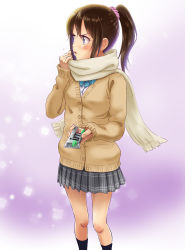 Rule 34 | 1girl, black socks, blue bow, blue bowtie, blush, bow, bowtie, candy, candy bar, cardigan, embarrassed, flying sweatdrops, food, grey scarf, grey skirt, hair ornament, hair scrunchie, hand up, highres, holding, incoming gift, long hair, long sleeves, looking away, malcorond, miniskirt, original, parted lips, pleated skirt, ponytail, purple background, purple eyes, scarf, school uniform, scrunchie, skirt, socks, solo, standing, yellow cardigan