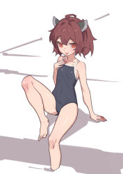 Rule 34 | 1girl, :p, ahoge, barefoot, blush, brown hair, casual one-piece swimsuit, commentary request, flat chest, grey one-piece swimsuit, headgear, highres, knee up, looking at viewer, one-piece swimsuit, red eyes, short hair, sitting, smile, solo, swimsuit, tongue, tongue out, touhoku kiritan, voiceroid, white background, yamamomo (plank)