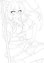 Rule 34 | 1girl, breasts, cleavage, eichi yuu, greyscale, hair bobbles, hair ornament, highres, holding, large breasts, lineart, looking at viewer, monochrome, onozuka komachi, scythe, sitting, sketch, smile, solo, touhou, transparent background, two side up