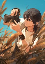Rule 34 | 1girl, backpack, bag, black hair, blue eyes, blue sky, camera, highres, holding, holding camera, jewelry, long hair, necklace, sky, solo, sun jing, taking picture, sq (series), tanjiu, wheat, wheat field, wristband