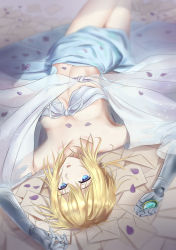Rule 34 | 1girl, :o, absurdres, bare shoulders, blonde hair, blue eyes, blue skirt, breasts, cleavage, cyborg, highres, jewelry, looking at viewer, lying, mail, mechanical arms, medium breasts, medium hair, on back, open mouth, petals, shigatsu (4gate), simple background, skirt, solo, unworn jewelry, unworn skirt, violet evergarden, violet evergarden (series)