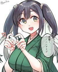 Rule 34 | 1girl, blue hair, breasts, green eyes, green kimono, hair ribbon, heart, heart hands, highres, japanese clothes, kantai collection, kimono, large breasts, looking at viewer, matsunaga (haku), open mouth, ribbon, shirt, simple background, smile, solo, souryuu (kancolle), speech bubble, twintails, twitter username, upper body, white shirt