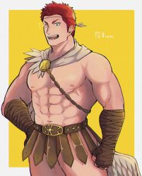 Rule 34 | 1boy, abs, alternate costume, ancient greek clothes, bara, bulge, greco-roman clothes, green eyes, heterochromia, highres, large pectorals, male focus, manly, muscular, navel, nipples, pectorals, pollux (housamo), red hair, short hair, simple background, smile, solo, thick thighs, thighs, tokyo houkago summoners, topless male, upper body, xxx hana03, yellow eyes