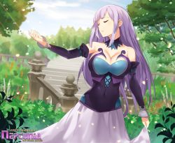 Rule 34 | 1girl, absurdres, bare shoulders, breasts, bush, cleavage, closed eyes, day, flower, garden, highres, large breasts, light persona, long hair, magiquone, neptune (series), outdoors, parted lips, plant, potted plant, purple hair, scenery, sendo (sendrawz), sky, smile, solo, spoilers, standing, sunlight, tree