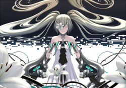 Rule 34 | 1girl, bare shoulders, blue hair, closed eyes, cyberpunk, dress, dual wielding, hair ornament, hairclip, holding, long hair, mechanical parts, original, smile, solo, stealthmaria, twintails, two-tone background, white dress