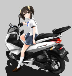 Rule 34 | 10s, 1girl, absurdres, bakuon!!, bow, brown hair, commentary request, hair ribbon, highres, looking at viewer, motor vehicle, motorcycle, nakano chisame, ribbon, school uniform, scooter, short twintails, solo, suzuki-shi, twintails