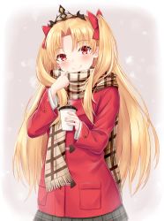 Rule 34 | 1girl, absurdres, blonde hair, blush, bow, brown scarf, closed mouth, coat, coffee cup, commentary request, cup, disposable cup, duffel coat, ereshkigal (fate), fate/grand order, fate (series), fingernails, fringe trim, hair between eyes, hair bow, hands up, head tilt, highres, holding, holding cup, long sleeves, looking at viewer, minoshi, parted bangs, plaid, plaid scarf, red bow, red coat, scarf, sleeves past wrists, smile, solo, tiara, two side up, upper body