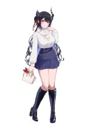 alternate_costume black_hair blue_hair casual contemporary demon_horns elderflower full_body highres hololive hololive_english horns long_hair multicolored_hair nerissa_ravencroft skirt sweater turtleneck turtleneck_sweater virtual_youtuber wavy_hair white_sweater