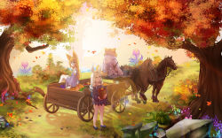 Rule 34 | 1boy, 2girls, animal ears, artist name, autumn, autumn leaves, bad id, bad pixiv id, blonde hair, blue eyes, boots, rabbit ears, cart, detached sleeves, dog ears, dress, elin, fevermoun, flower, food, forest, fruit, furry, gloves, glowing, highres, horse, jacket, leaf, long hair, looking back, mary janes, multiple girls, mushroom, nature, outdoors, popori, pumpkin, rock, shoes, signature, silver hair, sitting, smile, tail, tera online, tree