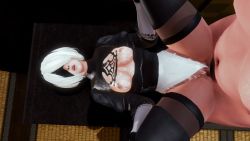 Rule 34 | 1boy, 1girl, 3d, animated, animated gif, black thighhighs, blindfold, breast cutout, breasts, clothing aside, cum, cum on body, cum on breasts, cum on upper body, from above, hairband, hetero, leotard, leotard aside, lying, missionary, nier (series), nier:automata, on back, sex, thighhighs, uncensored, white hair, white leotard, 2b (nier:automata)