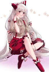 Rule 34 | 1girl, adapted costume, bow, bracelet, closed mouth, commentary request, fujiwara no mokou, full body, grey shirt, hair bow, hand on own neck, highres, jewelry, lace, lace-trimmed shirt, lace trim, long hair, looking at viewer, mokoiscat, puffy short sleeves, puffy sleeves, red bow, red eyes, red footwear, red shorts, shirt, short sleeves, shorts, signature, sitting, smile, solo, suspender shorts, suspenders, touhou, very long hair, white bow, white hair