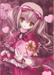 Rule 34 | 1girl, blush, brown hair, candy, chocolate, chocolate heart, dress, food, frills, head tilt, heart, long hair, open mouth, solo, yellow eyes