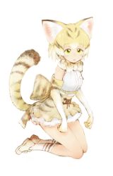 Rule 34 | 10s, 1girl, animal ear fluff, animal ears, back bow, blonde hair, bow, bowtie, cat ears, cat tail, elbow gloves, extra ears, from side, full body, gloves, green eyes, high-waist skirt, ise (0425), kemono friends, kneeling, looking at viewer, parted lips, print bow, print bowtie, print gloves, print neckwear, print skirt, sand cat (kemono friends), sand cat print, shirt, short hair, simple background, skirt, sleeveless, sleeveless shirt, solo, tail, white background, white shirt