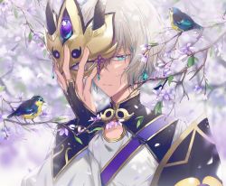 Rule 34 | 1boy, bird, blue eyes, dangmill, fate/grand order, fate (series), fingerless gloves, prince of lan ling (fate), gloves, horned mask, male focus, mask, unworn mask, petals, short hair, silver hair, solo, tree